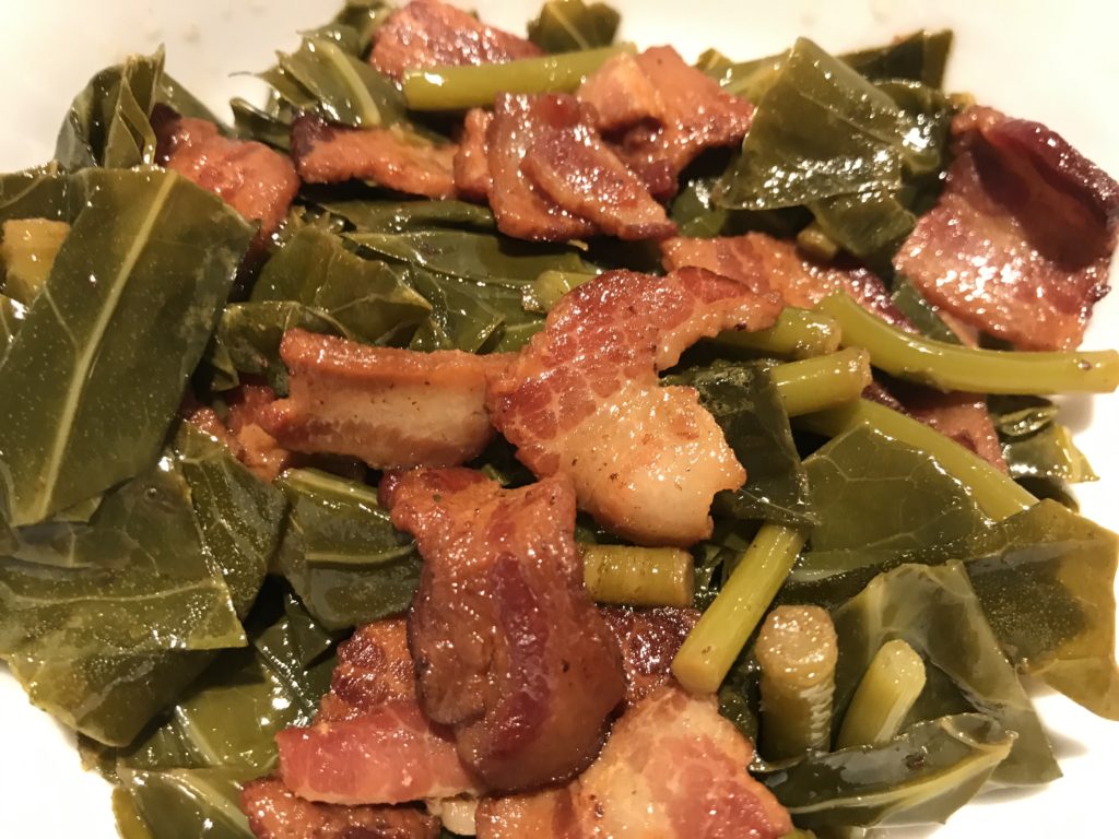 Pressure Cooked Collards with Bacon and Garlic Scapes CSA365