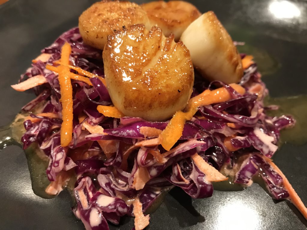 Pan Seared Scallops with Cider Shallot Reduction and Cabbage Slaw - CSA|365